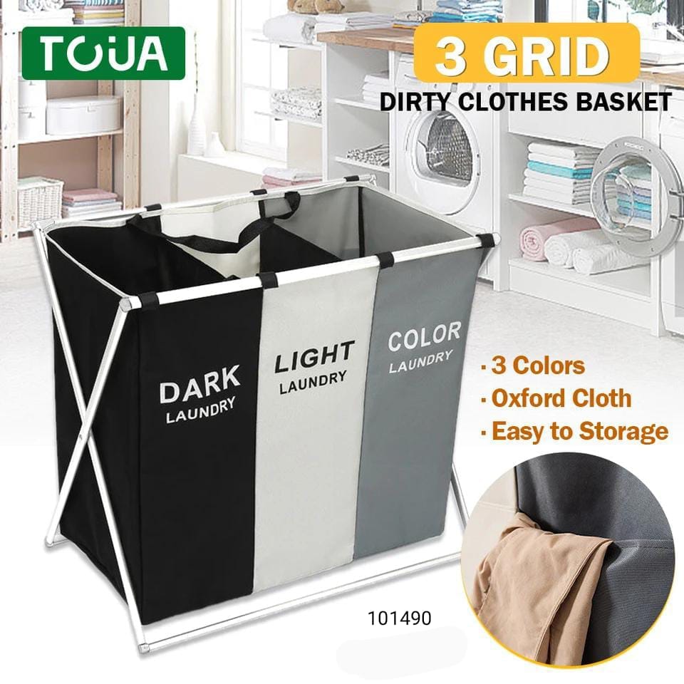 2 Portion Laundry Storage Basket Foldable Metal Rode Holder Stand