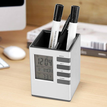 Multifunctional Square Shape Creative Pen Holder With Digital Clock LCD Display Screen Alarm Clock Calendar