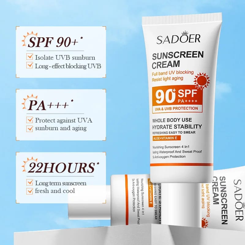 SADOER Sunscreen Cream 90+SPF PA++++ UVA And UVB Protection Aloe + Vitamin E Sun Cream