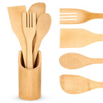 Bamboo Wooden Kitchen Cooking Spoon 4Pcs Utensils With Utensils Holder