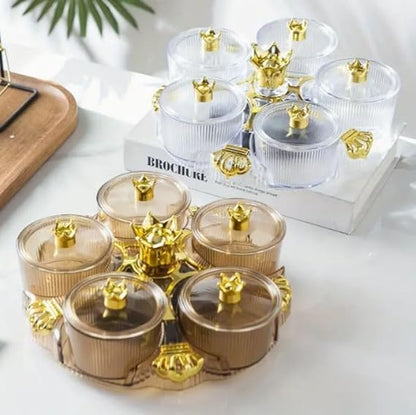 Multipurpose Acrylic Crown Snack Tray 5 Mini Compartment Crown 360 Rotating Dry Fruit Tray Snacks Storage Plate (Box Packaging)