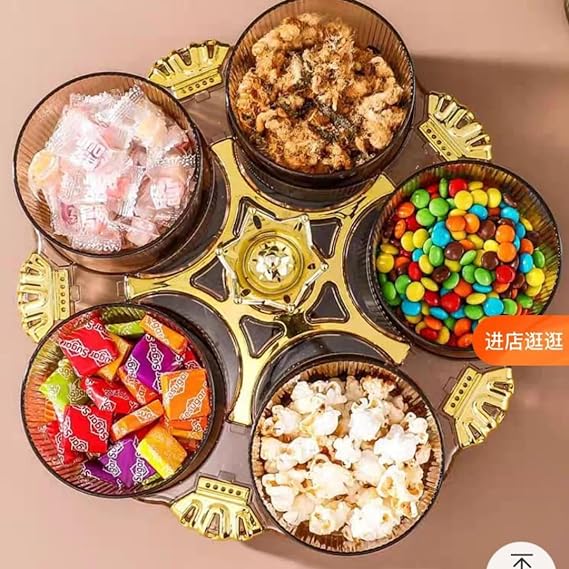 Multipurpose Acrylic Crown Snack Tray 5 Mini Compartment Crown 360 Rotating Dry Fruit Tray Snacks Storage Plate (Box Packaging)