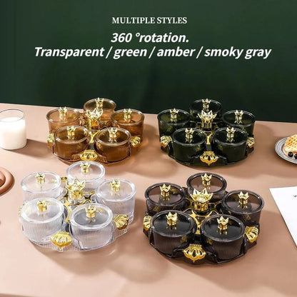 Multipurpose Acrylic Crown Snack Tray 5 Mini Compartment Crown 360 Rotating Dry Fruit Tray Snacks Storage Plate (Box Packaging)
