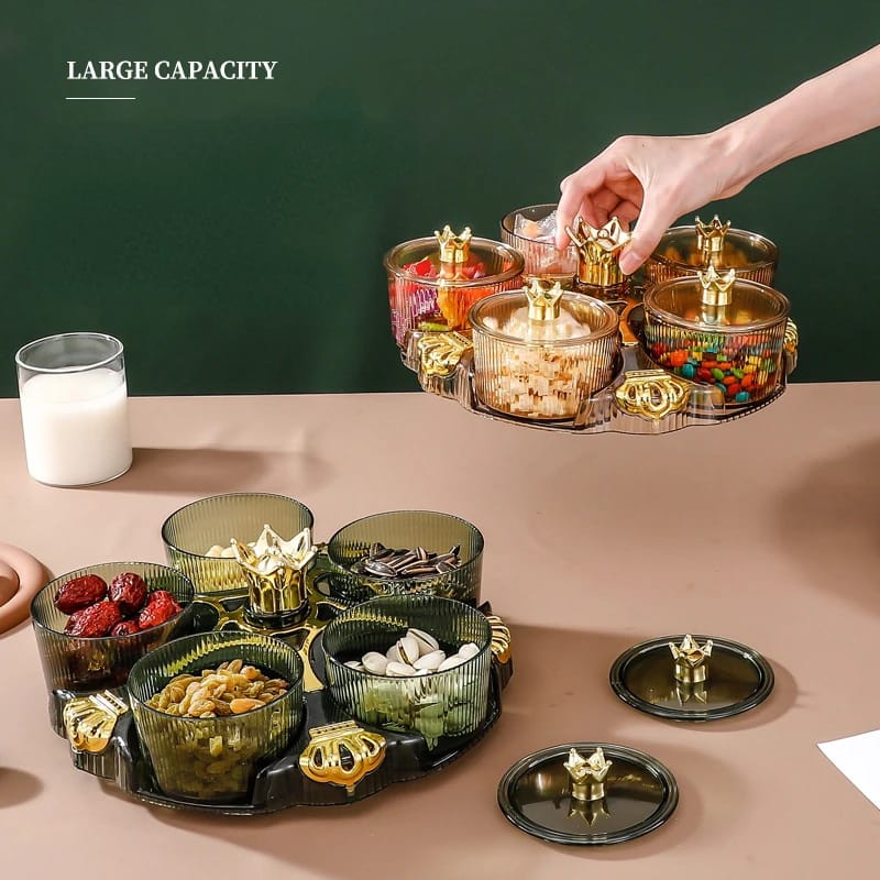 Multipurpose Acrylic Crown Snack Tray 5 Mini Compartment Crown 360 Rotating Dry Fruit Tray Snacks Storage Plate (Box Packaging)