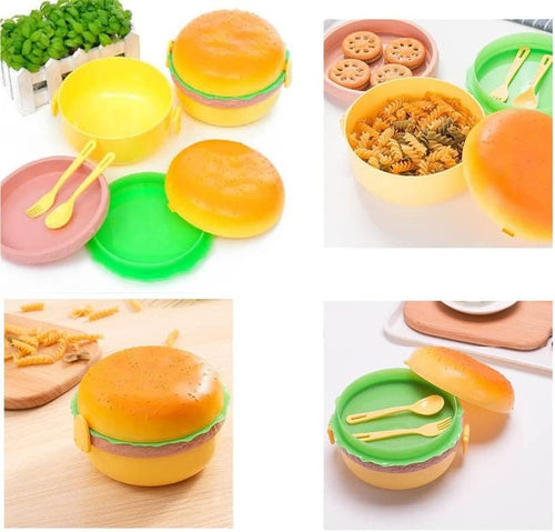 Burger Shape Double Layer Plastic Lunch Box with Spoons