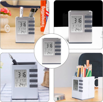Multifunctional Square Shape Creative Pen Holder With Digital Clock LCD Display Screen Alarm Clock Calendar