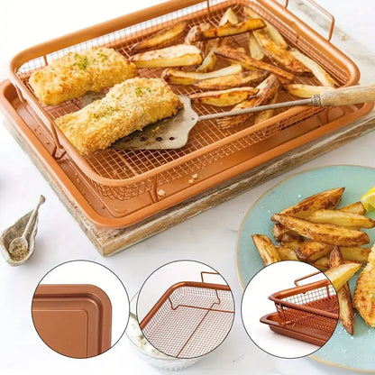 Copper Rectangle Crisper Tray Stainless Steel BBQ Basket with Non-stick Net for Grilling Vegetables And Frying Pan