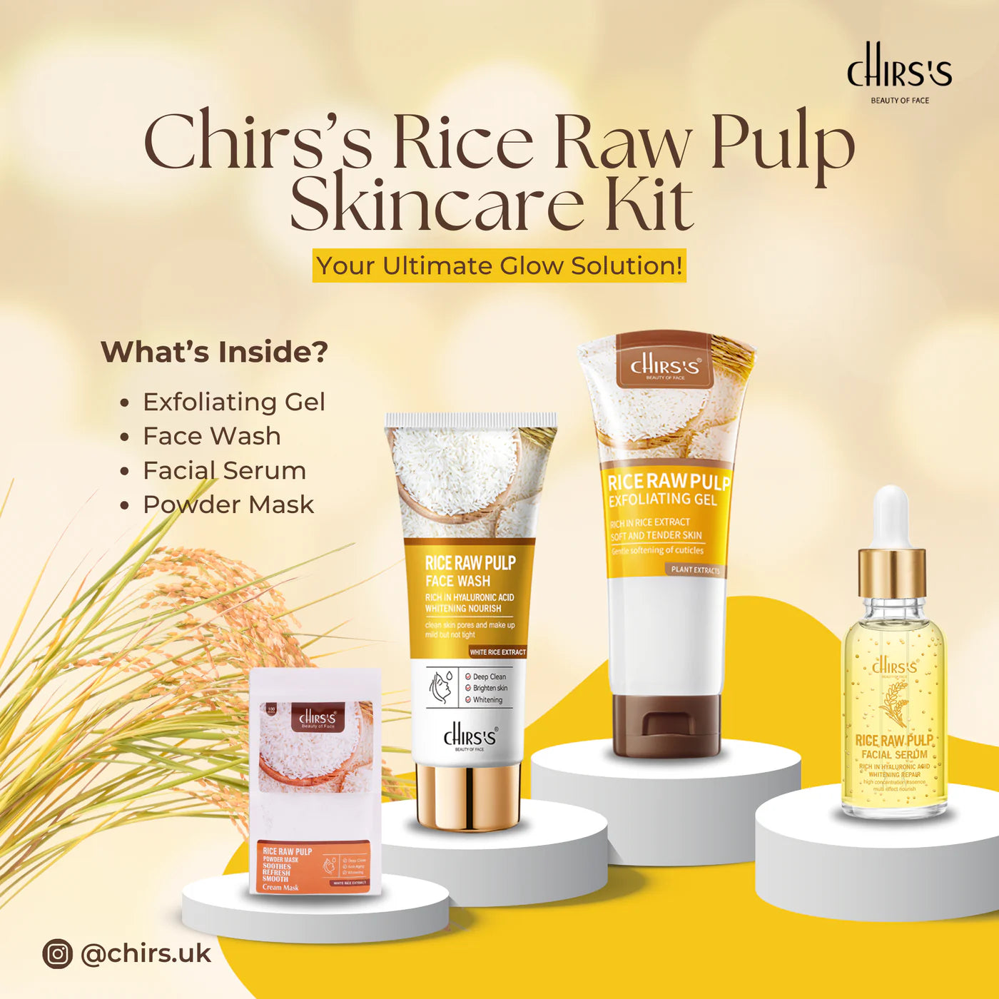 Chirs's 4PCS Rice Raw Pulp Skincare Kit – Brighten, Hydrate & Glow