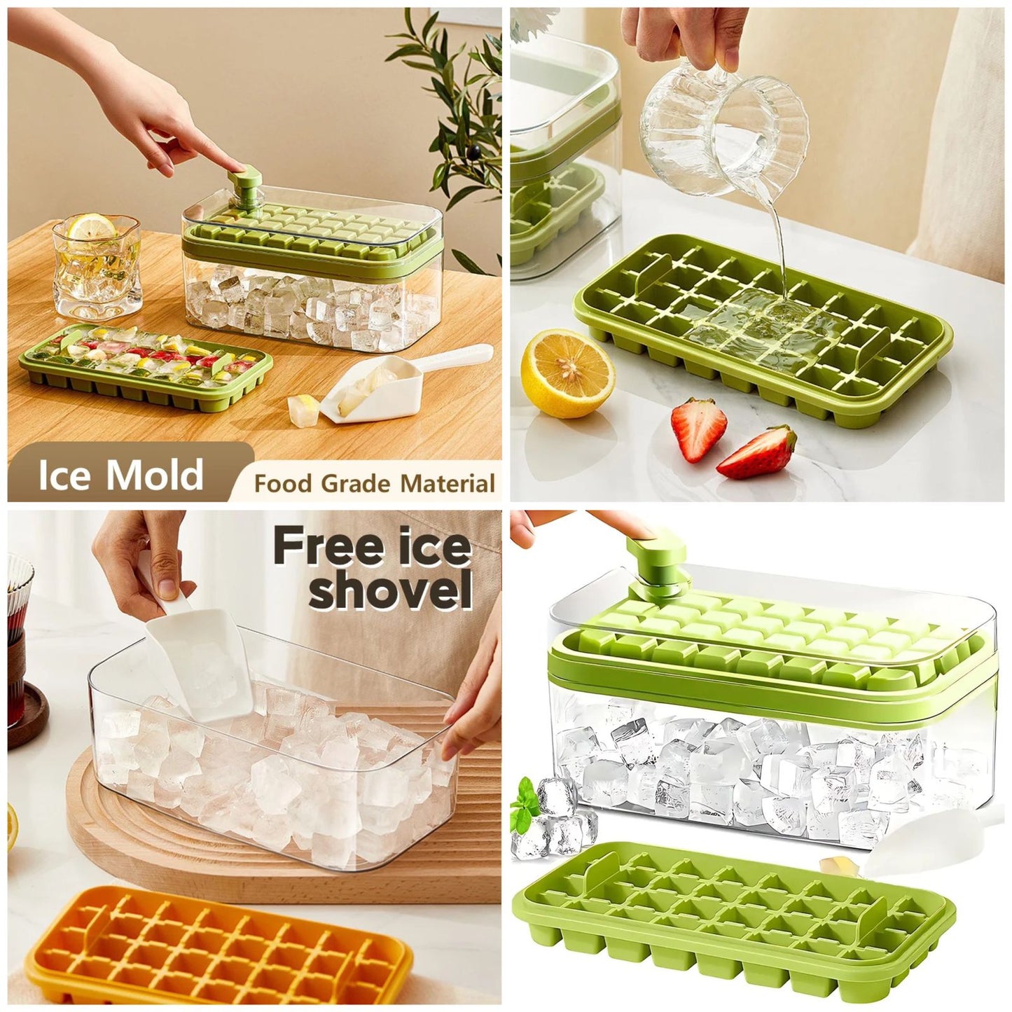 32 Grid Silicone Ice Cube Tray Mold With Lid Shovel Storage Box