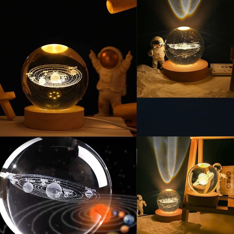 Night Lights 3D Solar System Crystal Ball Night Light Warm White Wooden Base Fantasy Decoration Ball Projection Lamp