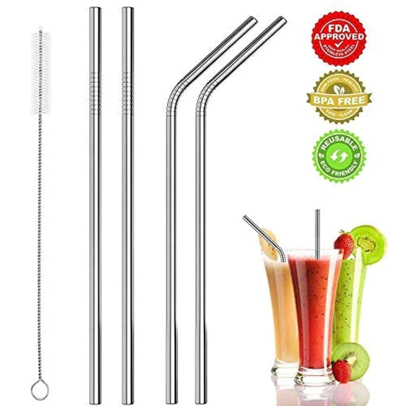 Reusable Stainless Steel Straw with Cleaning Brush Long Metal