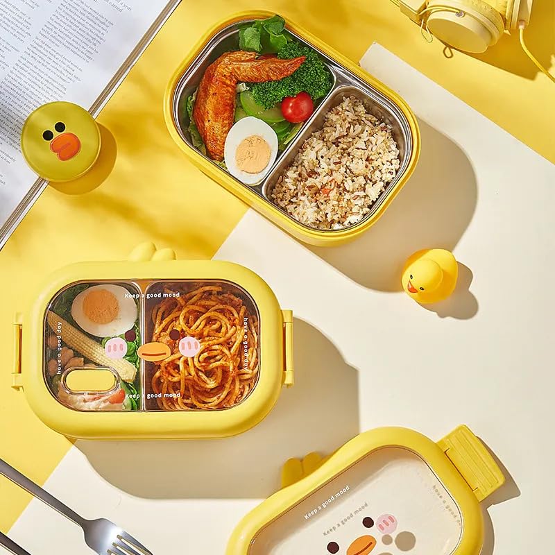 Portable Food Lunch Box Grid Design Heat Preservation Little Duck Stainless Steel Insulated 2 Compartment Lunch Box