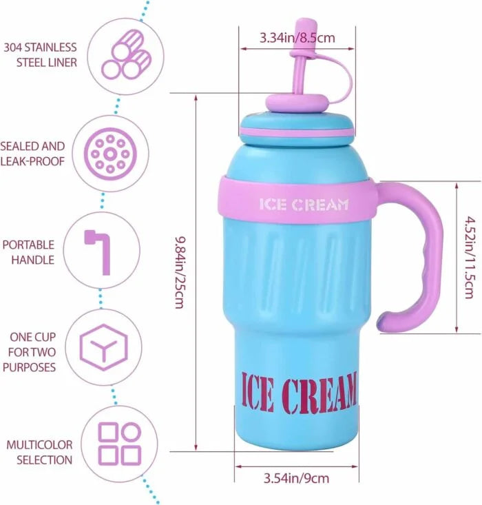 Stainless Steel Cute Ice Cream Tumbler Water Bottle With Straw And Handle 1000ml