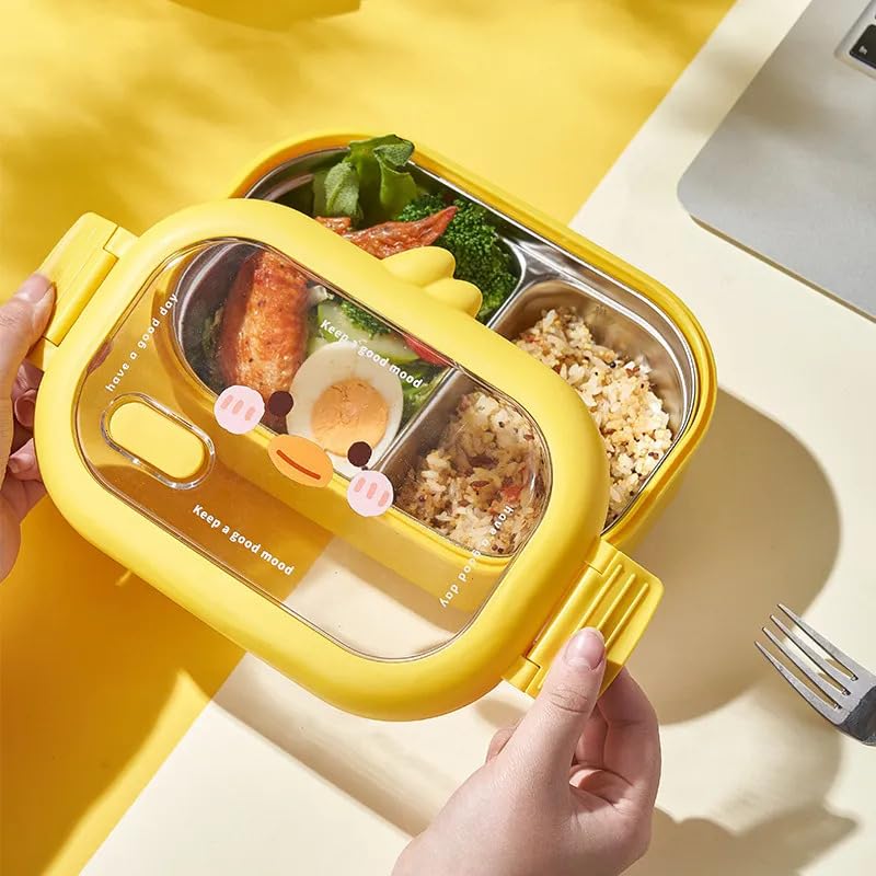 Portable Food Lunch Box Grid Design Heat Preservation Little Duck Stainless Steel Insulated 2 Compartment Lunch Box