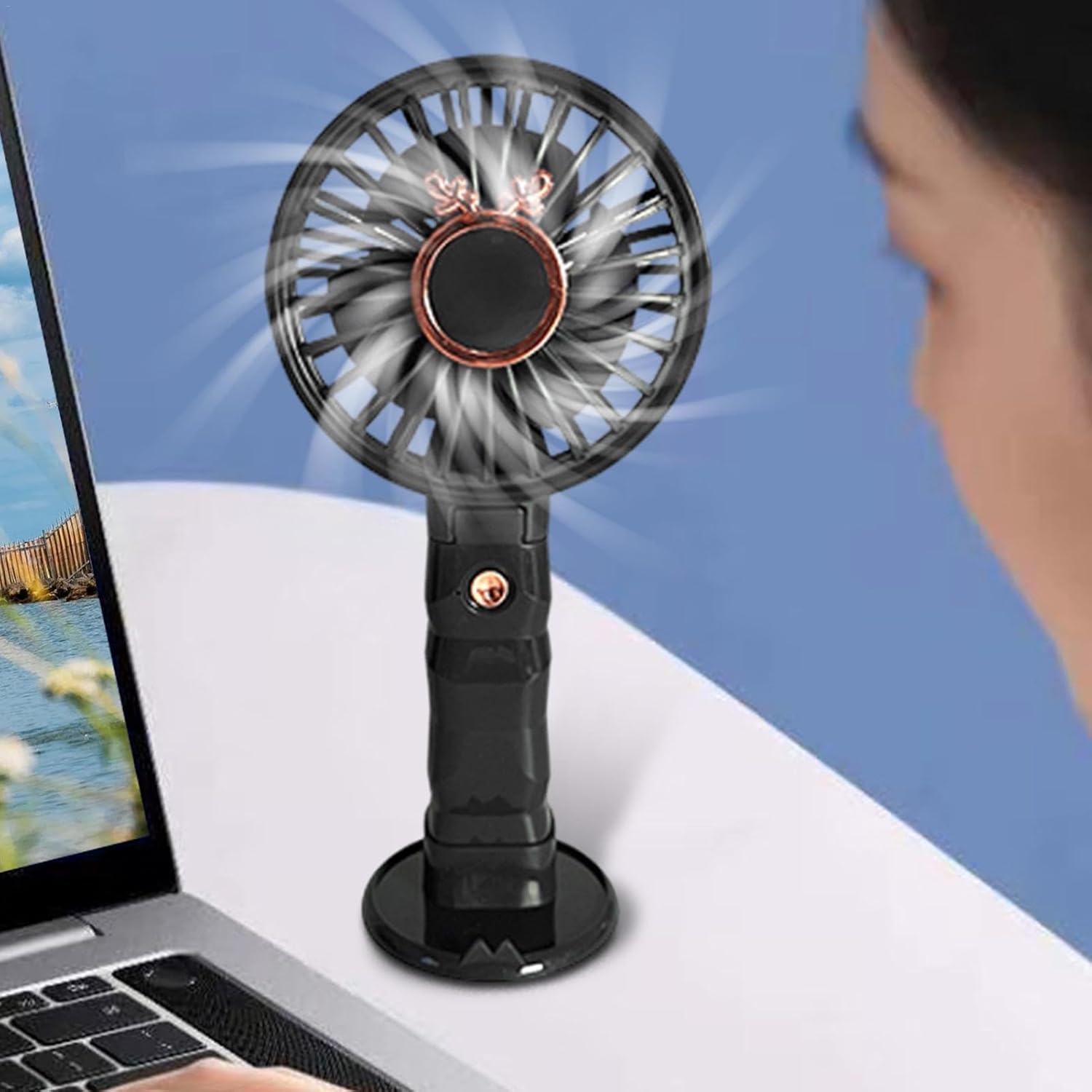 Portable Handheld Fan 3 Adjustable Modes Rechargeable Personal Fan Compact with Phone Holder Desk Fan