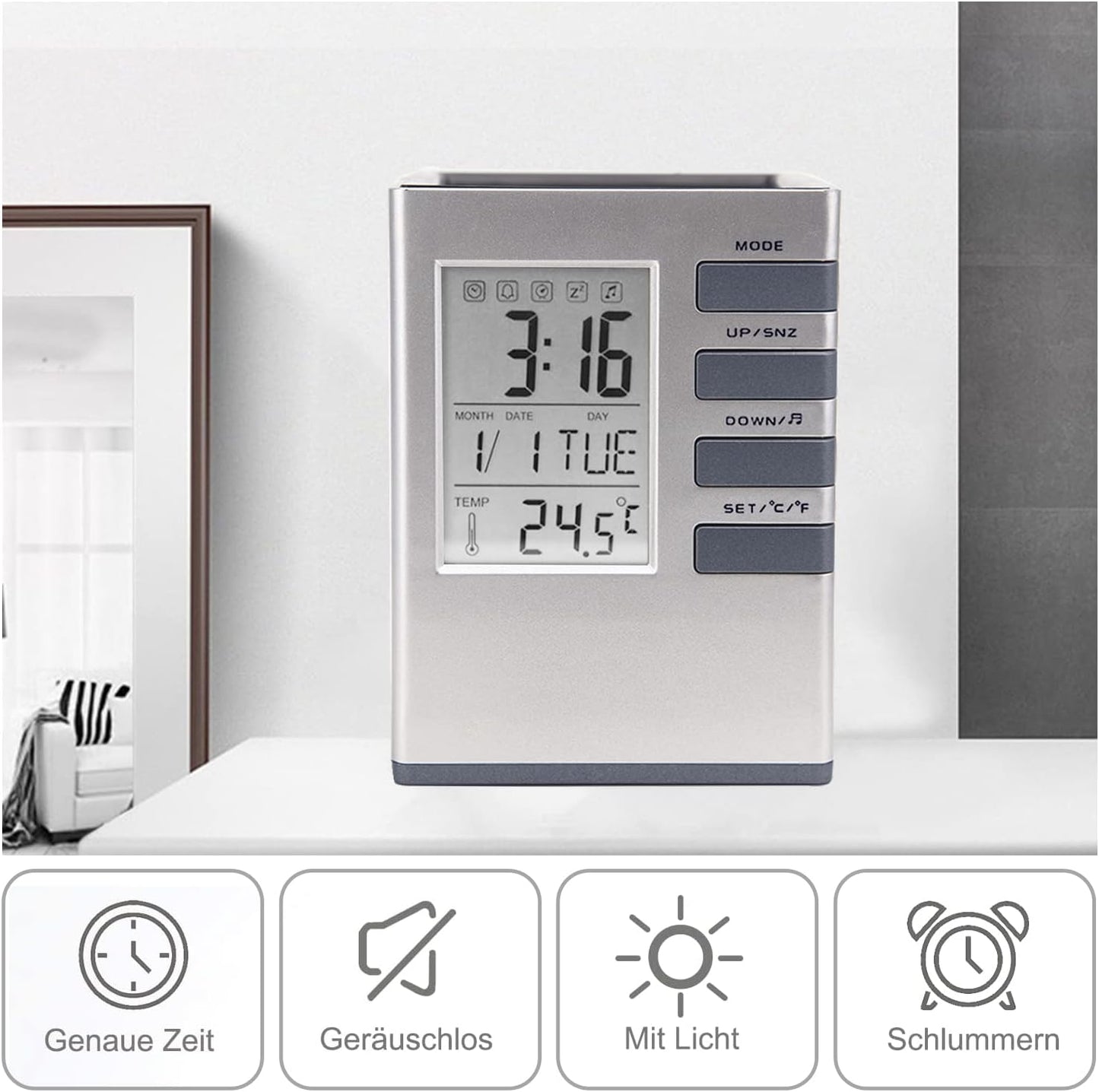 Multifunctional Square Shape Creative Pen Holder With Digital Clock LCD Display Screen Alarm Clock Calendar