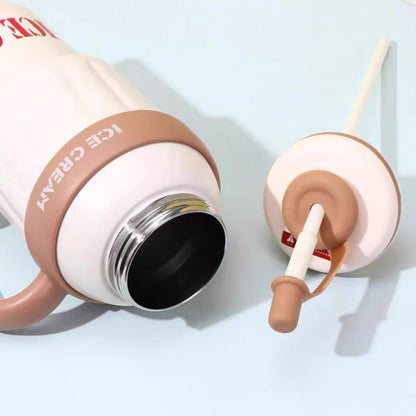 Stainless Steel Cute Ice Cream Tumbler Water Bottle With Straw And Handle 1000ml