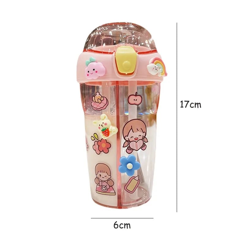 Cute Double Compartment Water Bottle With Two Straws For Kids