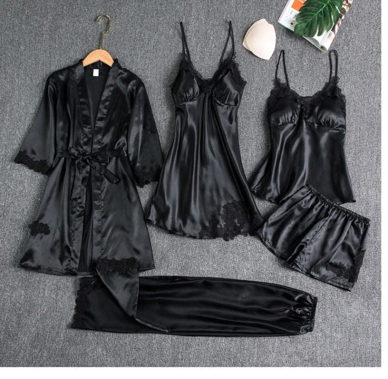 5 Pcs Silk Non Padded Nighty Set Black