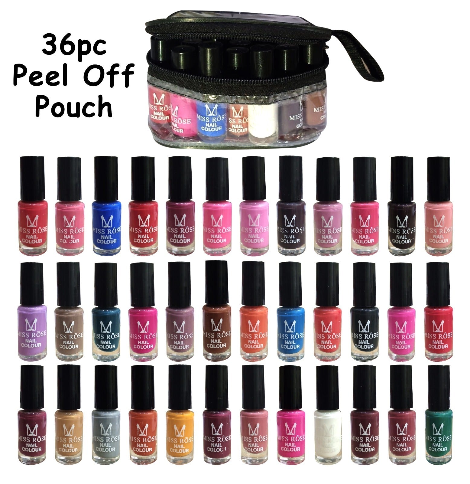 Miss Rose Peel Off Nails Polish 36Pcs Set With Zipper Pouch