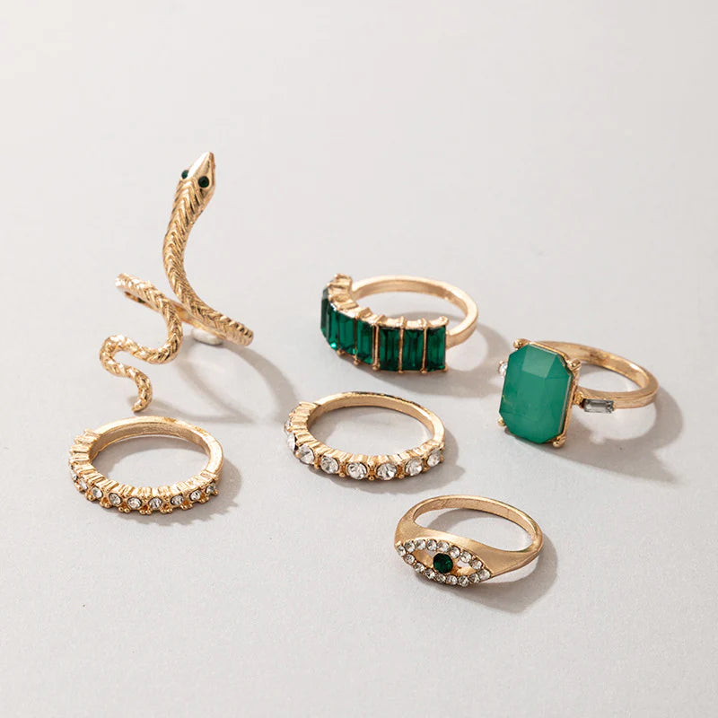 Fashion Jewellery 6 Pcs Green And Golden Snake Ring Set