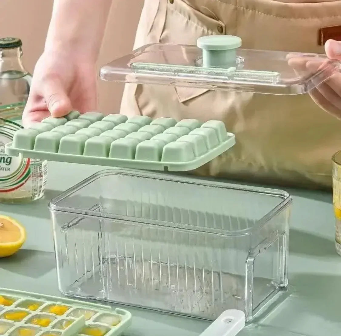 Creative One Button Press Type Double Layer Ice Cube Mold Ice Box With Lid Design Ice Cube Mold Tray