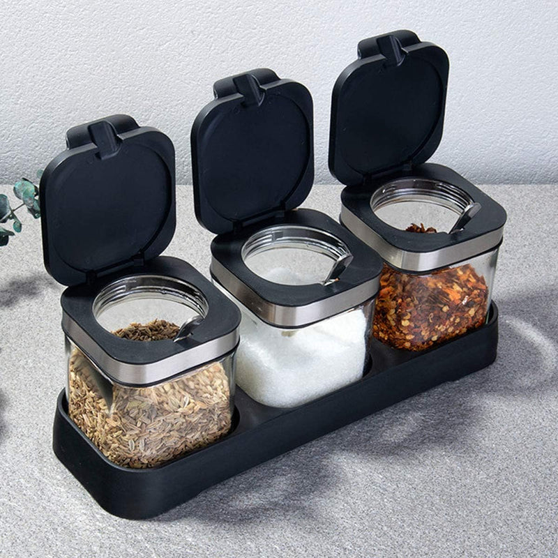 Spices Seasoning Jar Set Salt Pepper Glass Bottle Seasoning Containers with Lids Spoon and Base Pack Of 3Pcs