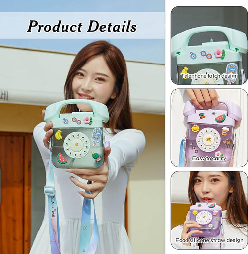 Cute Telephone Water Bottle With Straw And Handle With Adjustable Shoulder Strap 400ml