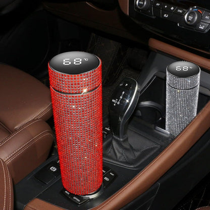 Diamond Rhinestone LED Temperature Display Stainless Steel Thermal Insulated Water Bottle 500ml