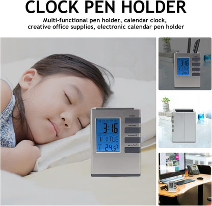 Multifunctional Square Shape Creative Pen Holder With Digital Clock LCD Display Screen Alarm Clock Calendar