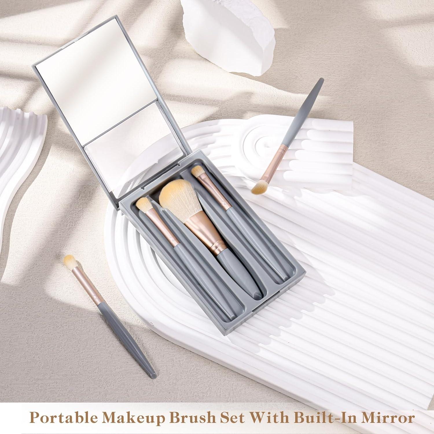 Smoosh 5Pcs Makeup Brush Set with Mirror Portable Travel Kit