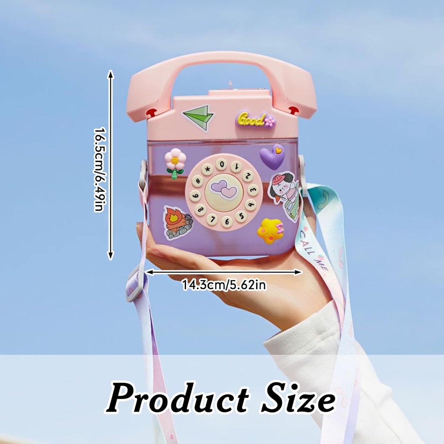 Cute Telephone Water Bottle With Straw And Handle With Adjustable Shoulder Strap 400ml