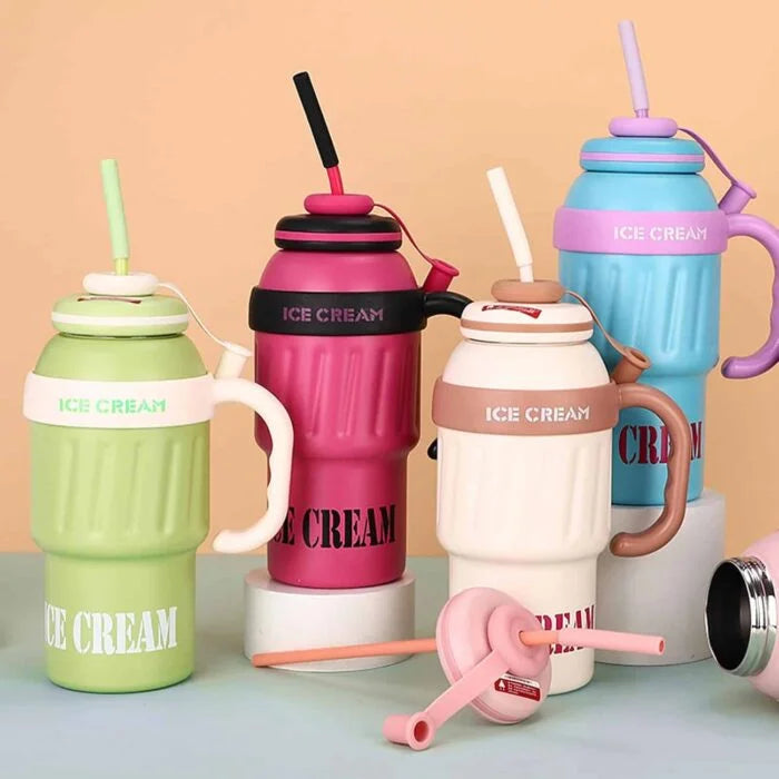 Stainless Steel Cute Ice Cream Tumbler Water Bottle With Straw And Handle 1000ml