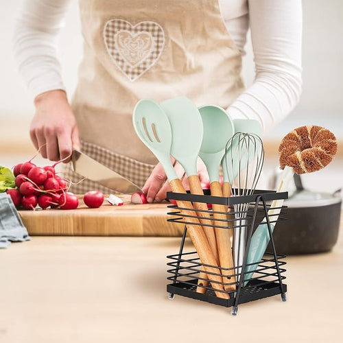 Metal Steel Wire Rectangular Shape Matte Black Utensil Spoon Spatula Holder For Kitchen