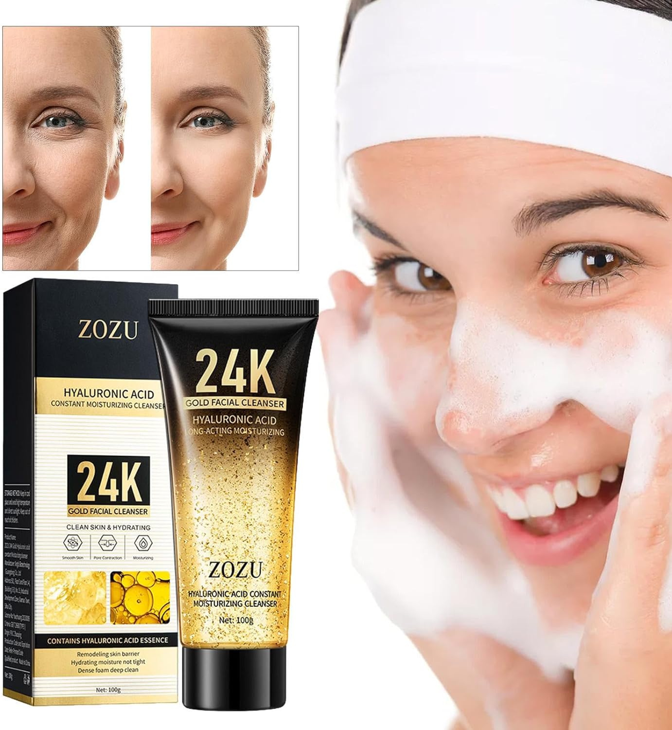ZOZU Facial Cleanser 24K Gold Cleansing Hyaluronic Acid Cleansing Hydrating And Brightening 100g