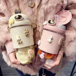 Cute Rabbit Ear Plastic Water Bottles With Leather Sleeve Straw And Strap 500ml