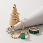 Fashion Jewellery 6 Pcs Green And Golden Snake Ring Set