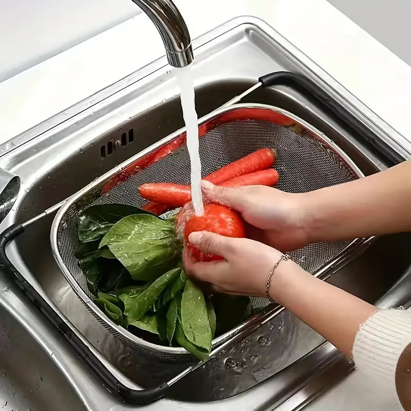 Stainless Steel Drain Basket With Extendable Rubber Handles To Fit Any Sink