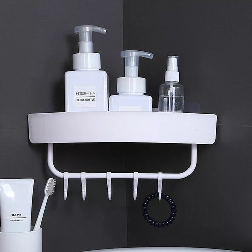 Triangle Bath And Kitchen Corner Storage Shelf With Hooks