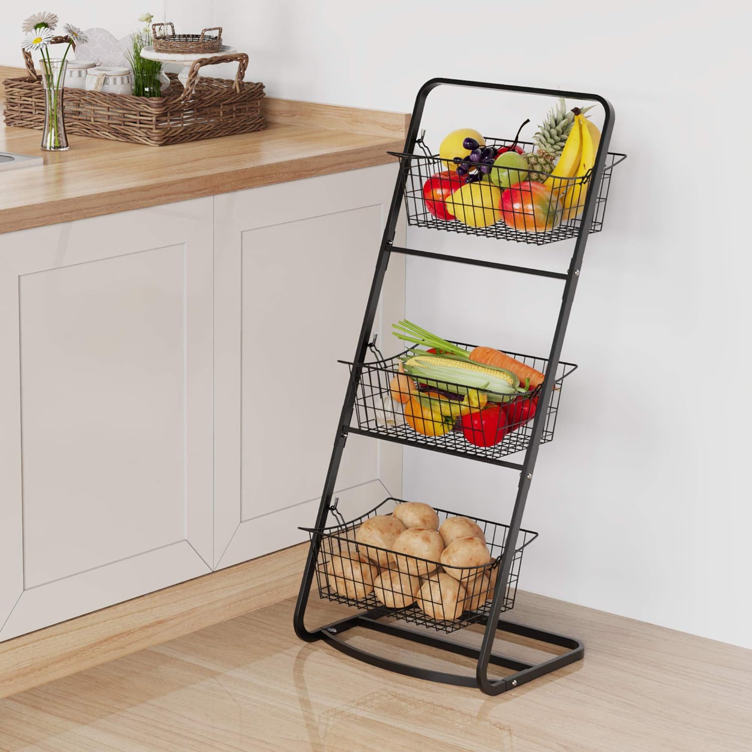 Multipurpose 3 Tier Vegetables Fruit Basket Stand Iron Material Storage Basket