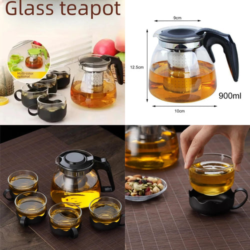 Heat Resistant High Temperature Glass Tea Pot Kettle 900ml With Stainless Steel Filter Liner And 4 Cup Set