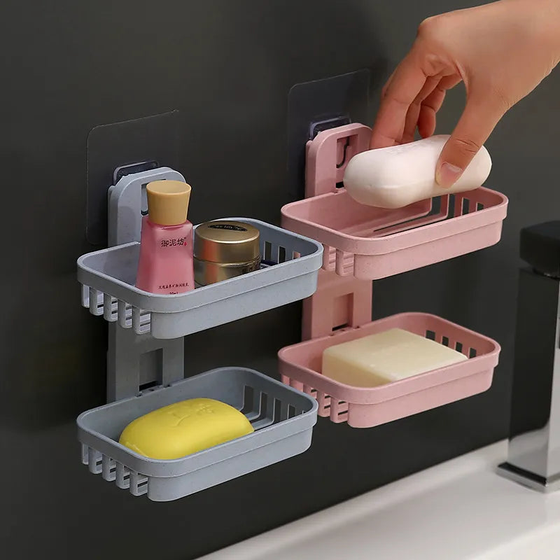 Double Layer Hollow Holder Bathroom Drain Soap Box Suction Cup Soap Holder Wall Hanging Rack