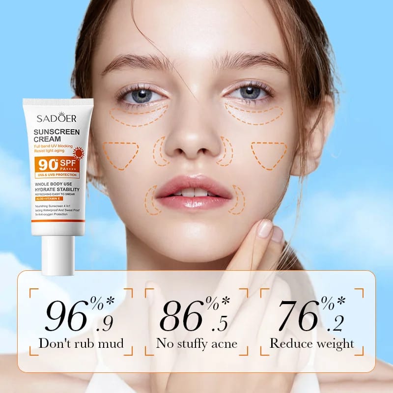 SADOER Sunscreen Cream 90+SPF PA++++ UVA And UVB Protection Aloe + Vitamin E Sun Cream