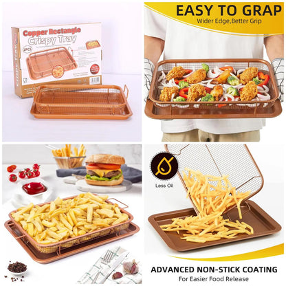 Copper Rectangle Crisper Tray Stainless Steel BBQ Basket with Non-stick Net for Grilling Vegetables And Frying Pan