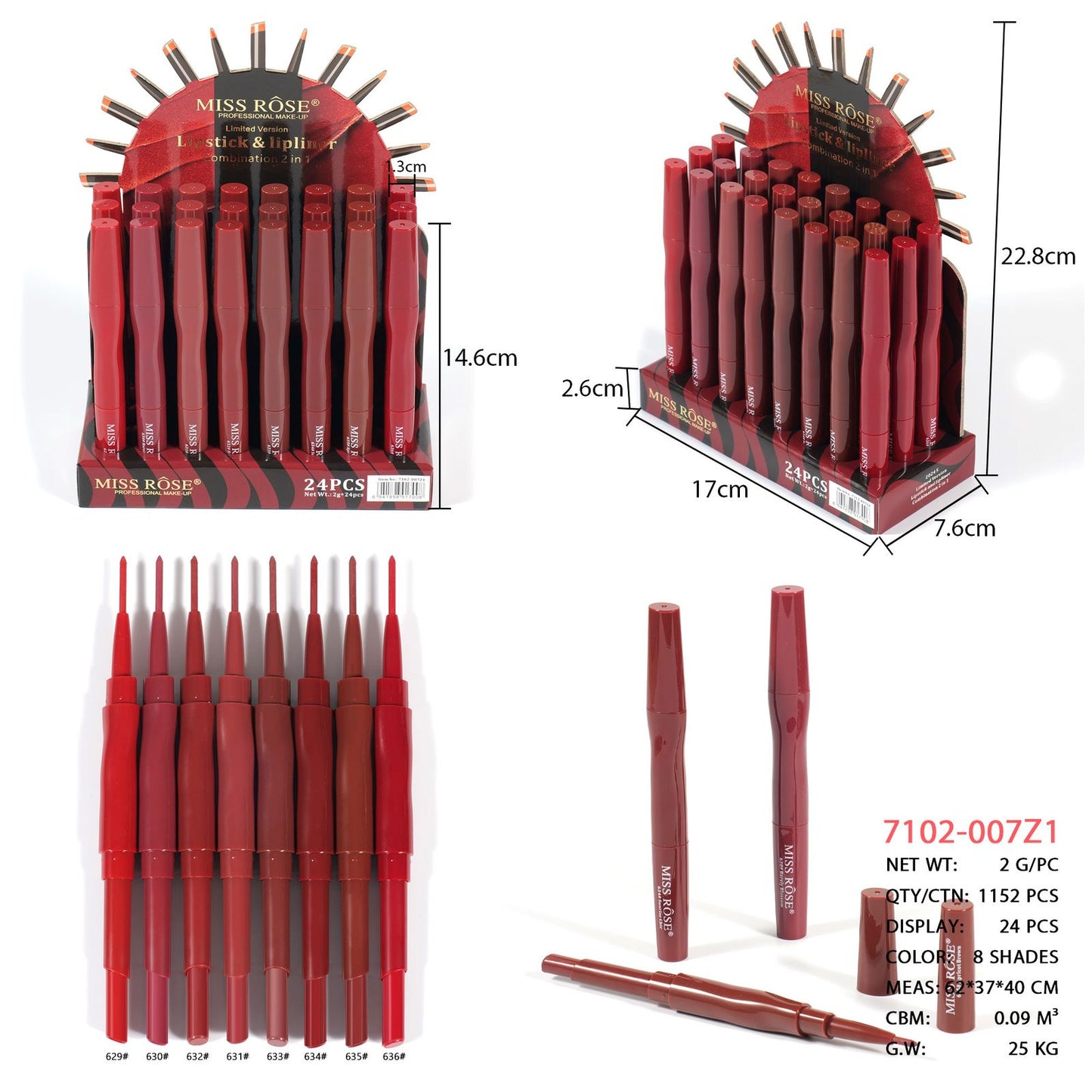 Miss Rose 2in1 Combination Lipstick + Lip liner 24Pcs Set