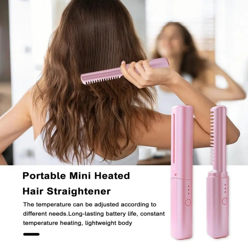 Mini 2in1 Professional Wireless Rechargeable Hair Straightener Curler Comb