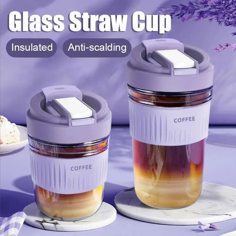 Portable Glass Coffee Cup With Straw Insulated Anti-Scald Sealed Drinking Water Bottle Mug