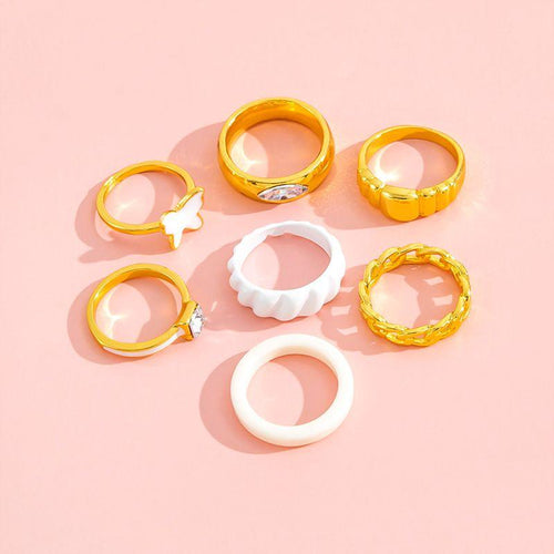 Fashion Jewellery 7 Pcs Ring Set Gold White