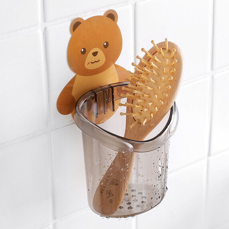 Wall Mounted Bear Toothbrush Holder Cup Punch Free Adhesive