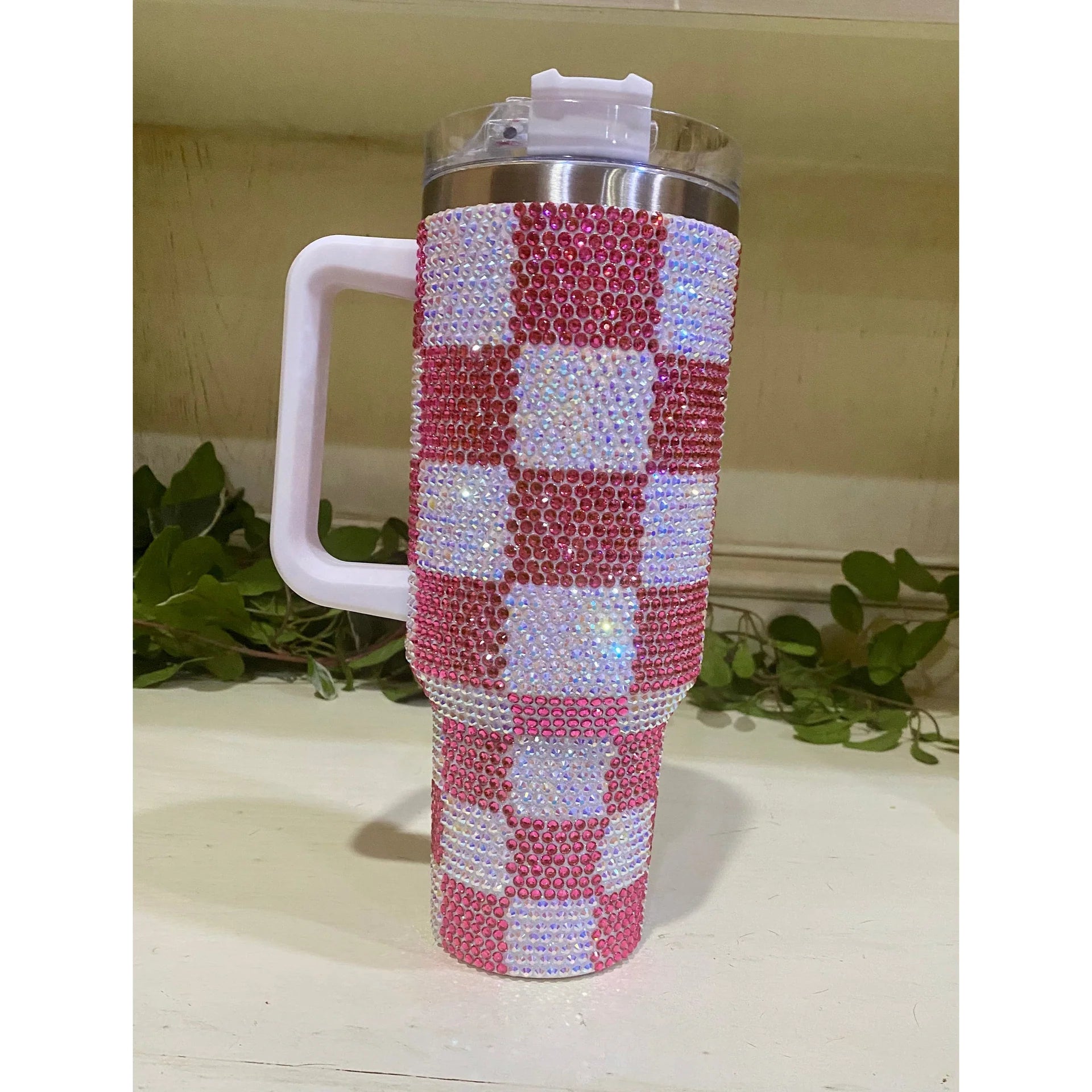 40oz Stainless Steel Checkered Rhinestone Tumbler 1200ml